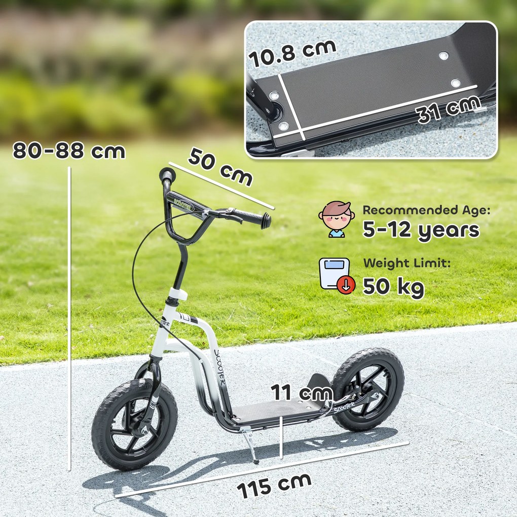 AIYAPLAY Monopatin pentru Copii 5-12 Ani cu Roți Mari de 30cm și Ghidon Reglabil, Monopatin pentru Copii din Oțel cu Frână Posterioară, Suport, Alb și Negru | Aosom Romania