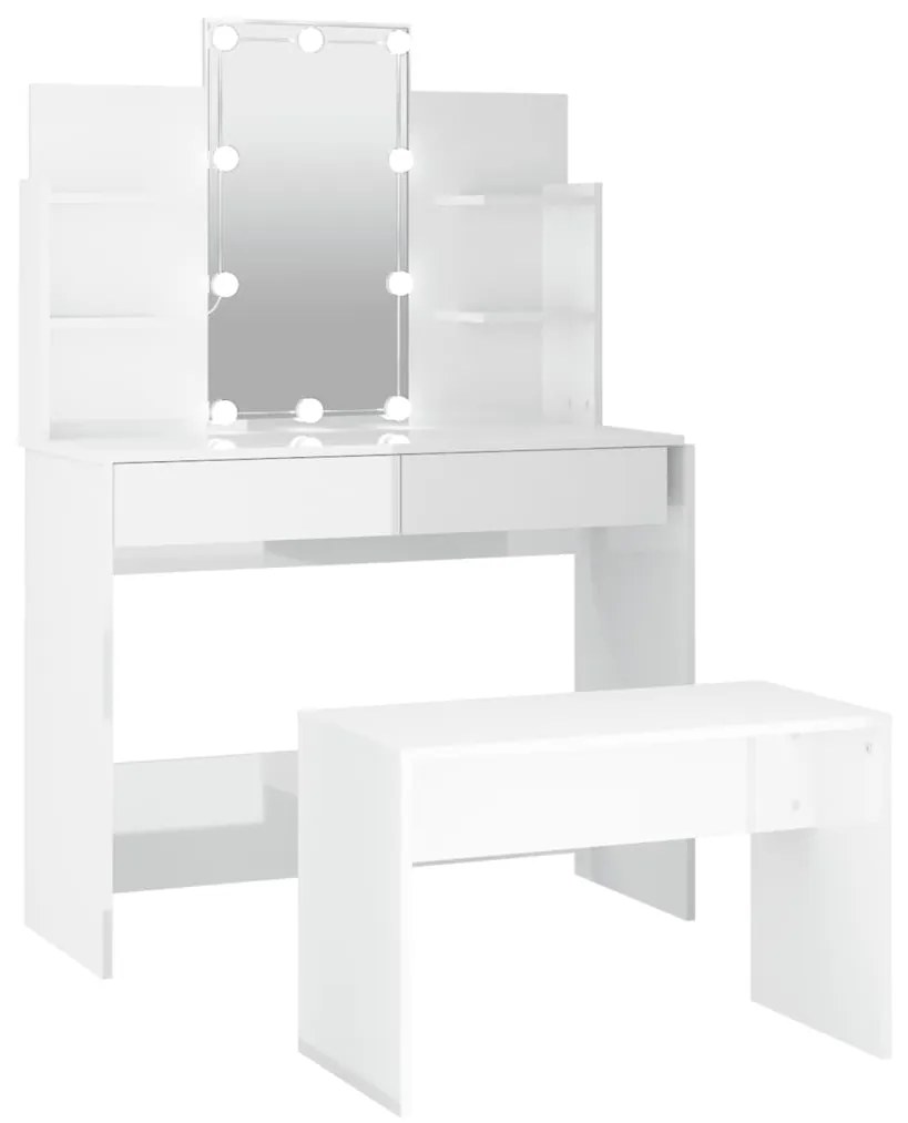 Set de masuta de toaleta cu LED, alb extralucios lemn prelucrat Alb foarte lucios, 96 x 40 x 142 cm