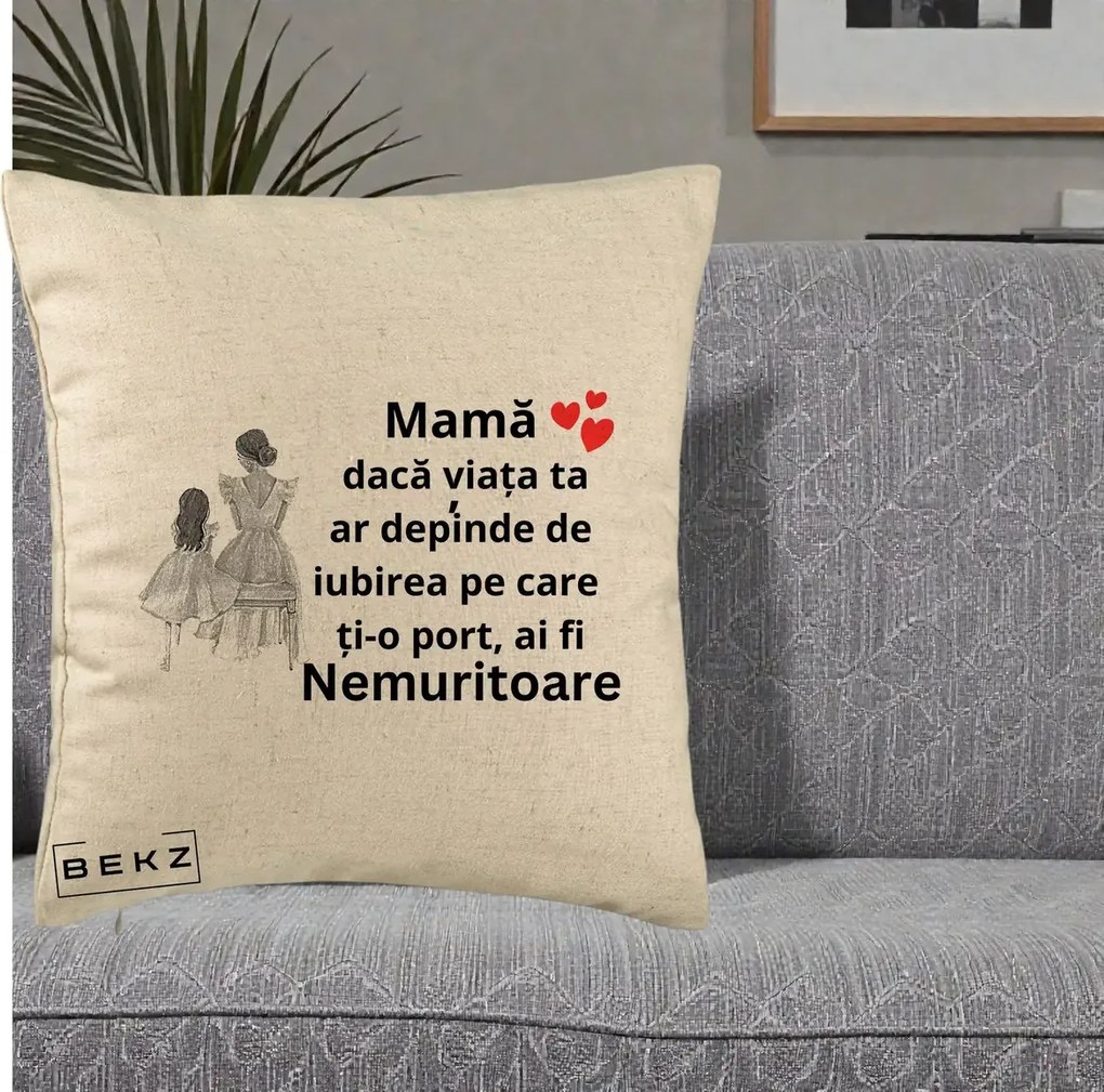 Cadou pentru Mama - Perna Personalizata Mama Nemuritoare Line Art, 40x40 cm, Bej, Husa Detasabila, Perna Inclusa, BEKZ®