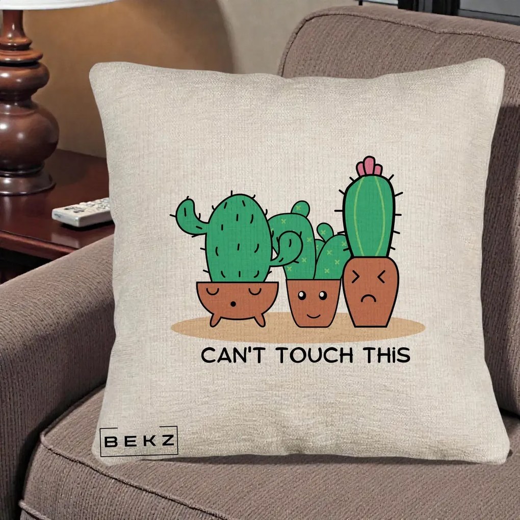 Perna Decorativa Cactus Funny Can't Touch This, 40x40 cm, Bej Canapea, Husa Detasabila, Perna Inclusa, BEKZ®