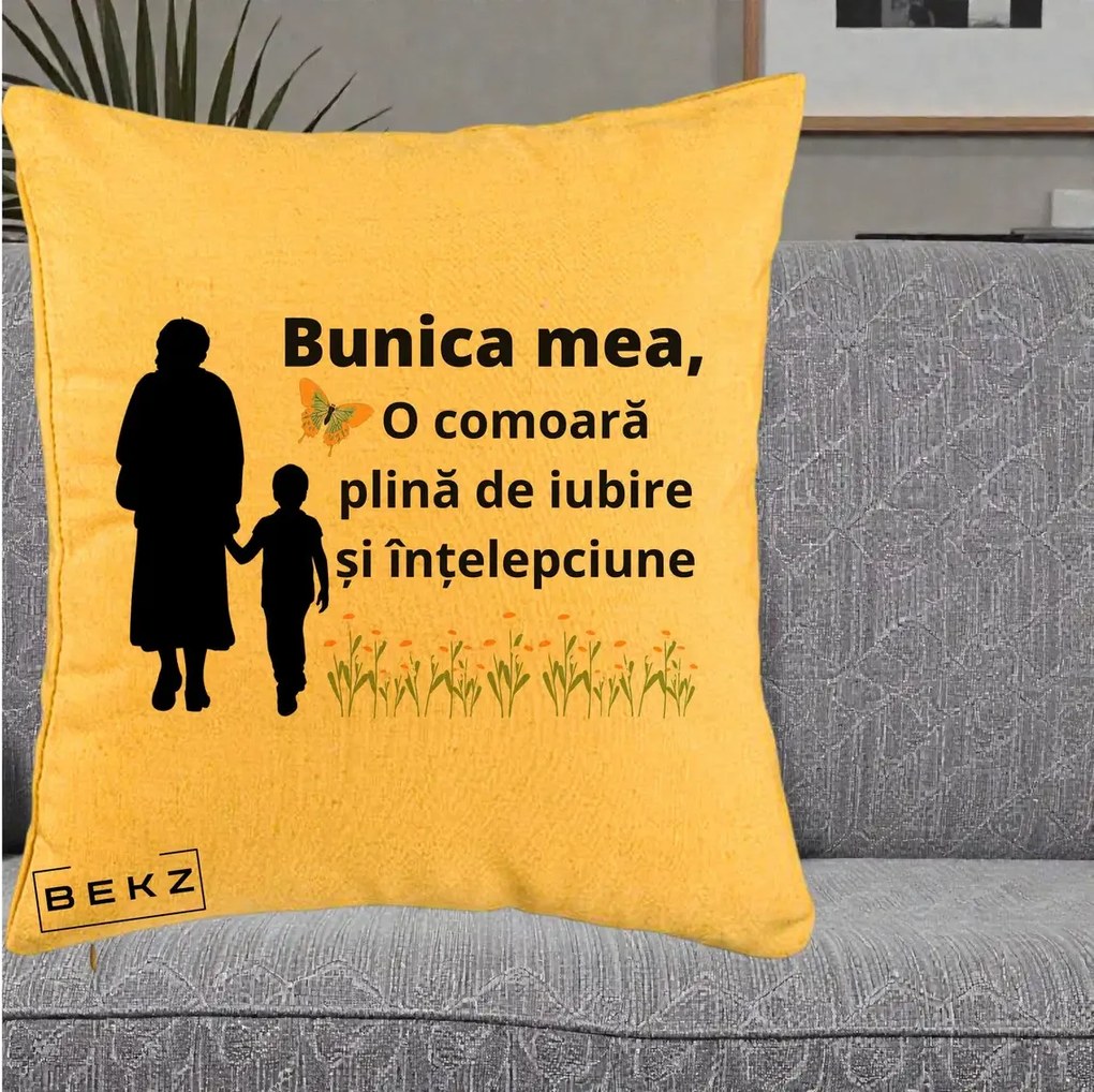 Cadou pentru Bunica - Perna Personalizata Bunica Mea Comoara cu Fluture si Baietel, 40x40 cm, Galben, Husa Detasabila, Perna Inclusa, BEKZ®
