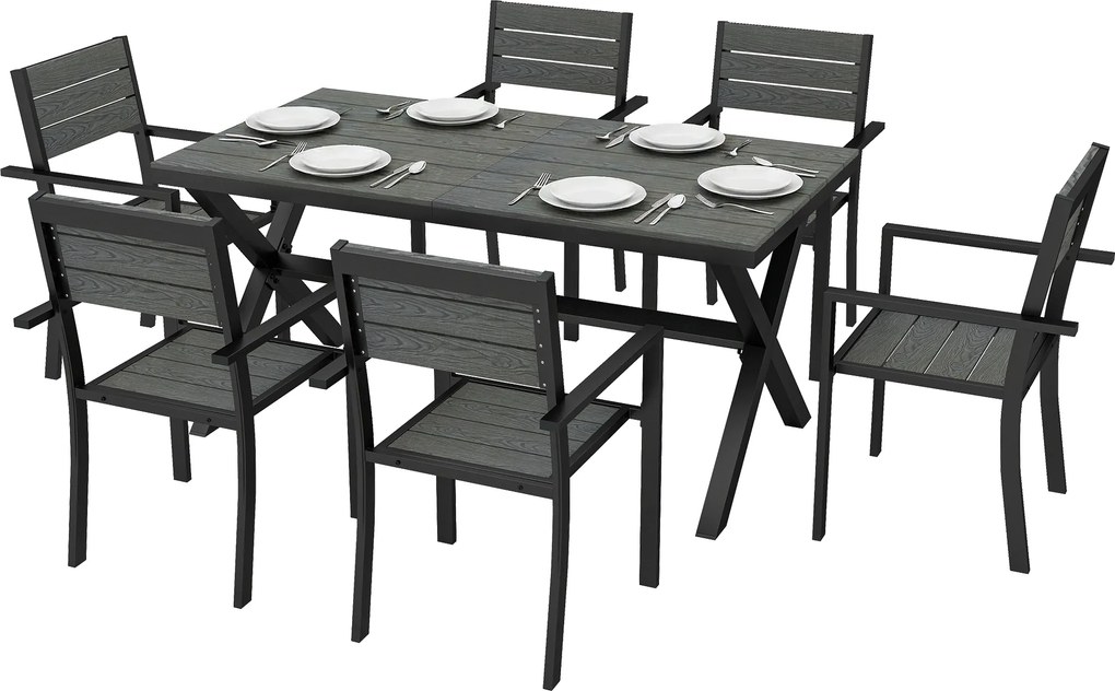 Outsunny Set de Masă pentru Exterior 7 Piese pentru 6 Persoane, Masă și Scaune Stivuite cu Lamele Efect Lemn, Cadru din Aluminiu, Gri | Aosom Romania