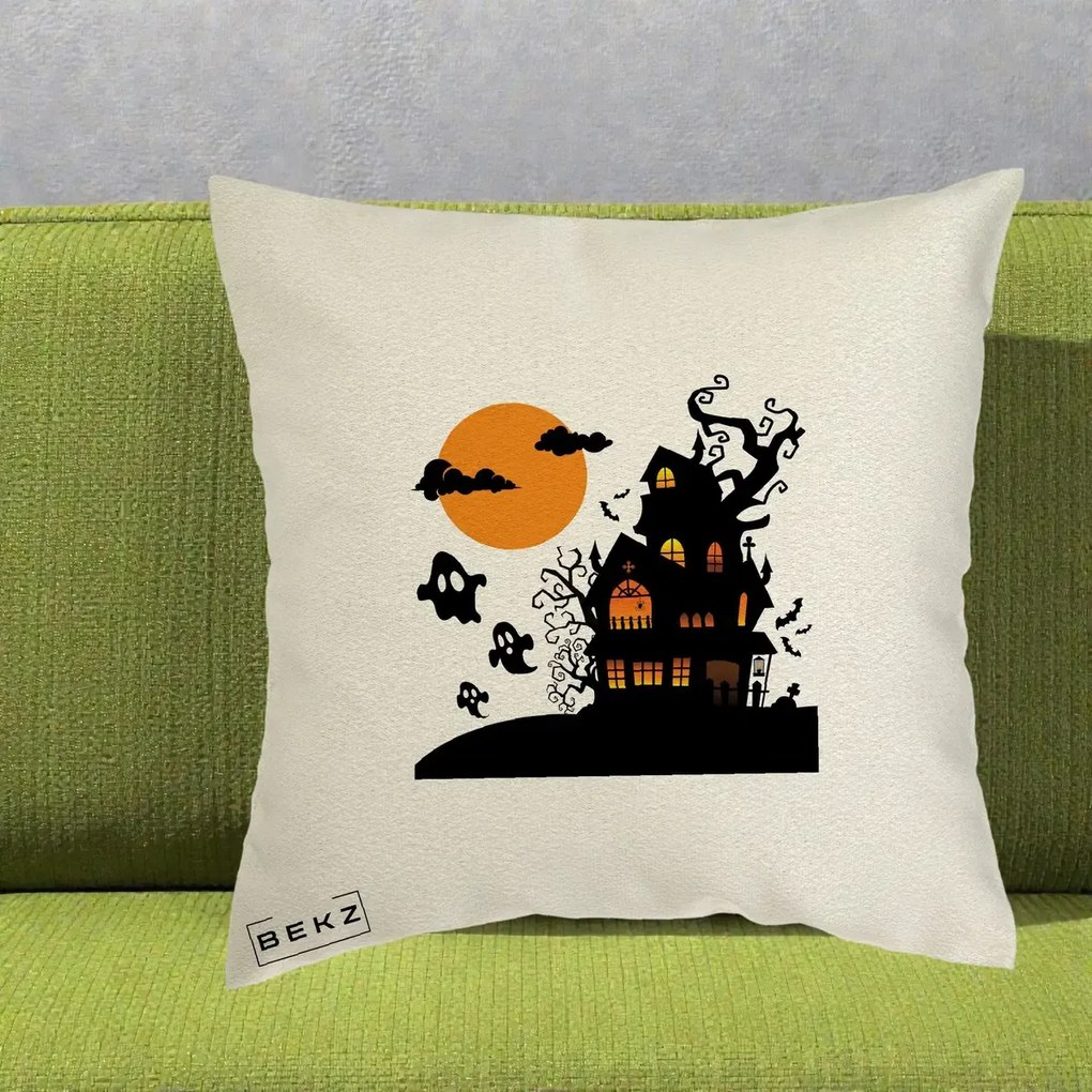 Perna Decorativa Halloween Casa Bantuita cu Fantome, 40x40 cm, Ecru, Husa Detasabila, Perna Inclusa, BEKZ®