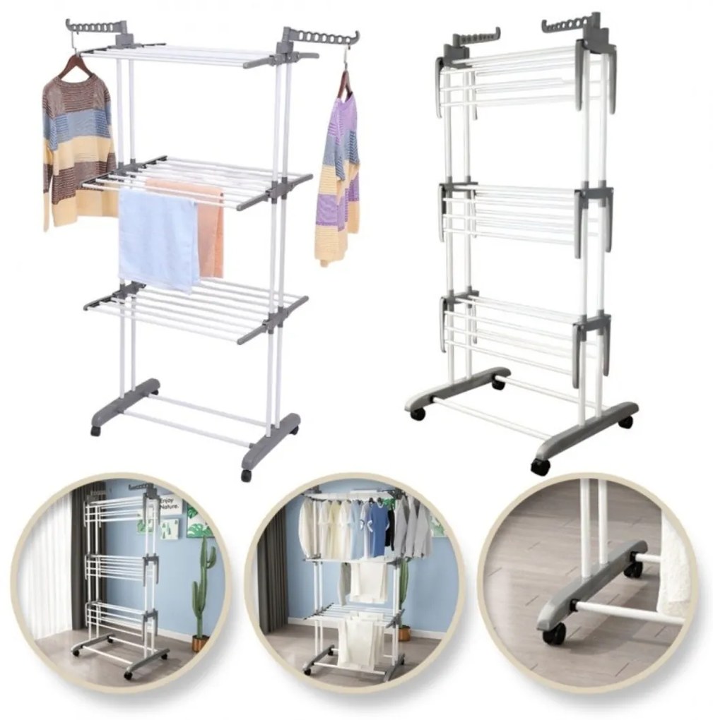 Suport vertical, pliabil, pentru uscat rufe, SU02, alb-gri, 3 niveluri, 6 brațe pliabile,, eCarla