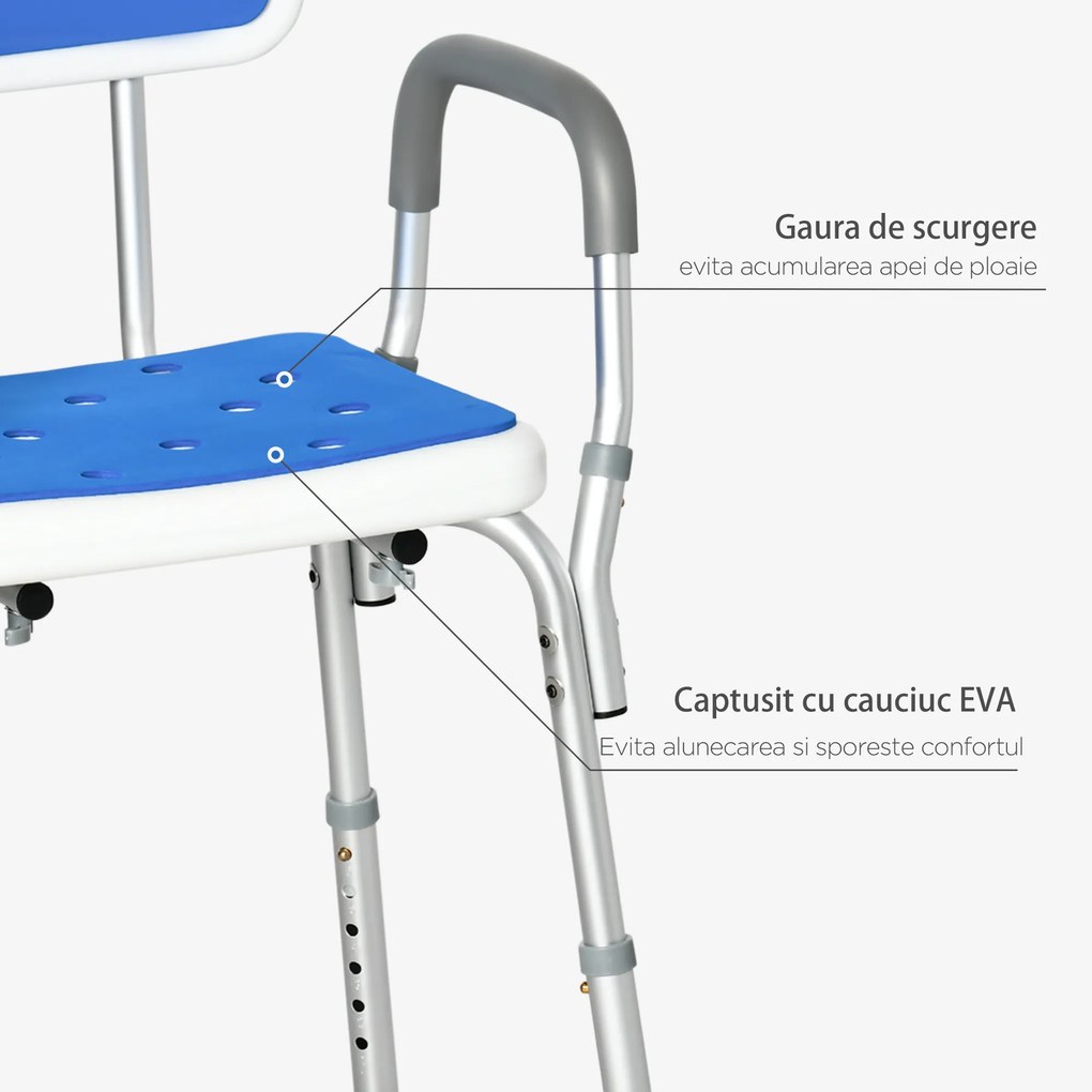 HOMCOM Scaun de Duș cu Căptușeală EVA și Înălțime Reglabilă, Cotiere, Picioare cu Ventuză și Aluminiu, 56,5x53,5x74-87 cm, Albastru | Aosom Romania