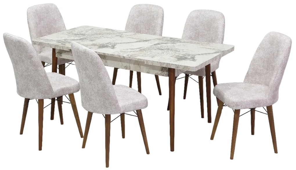 Set masa extensibila 80 x 130/170 cm cu 6 scaune, culoare alb / crem