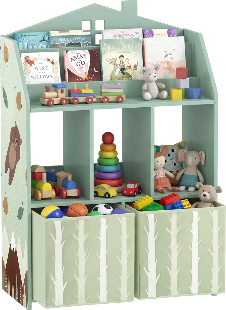 AIYAPLAY Etajeră pentru jucării cu sertare din material textil rafturi deschise design cu ursuleți organizator de jucării Verde | Aosom Romania