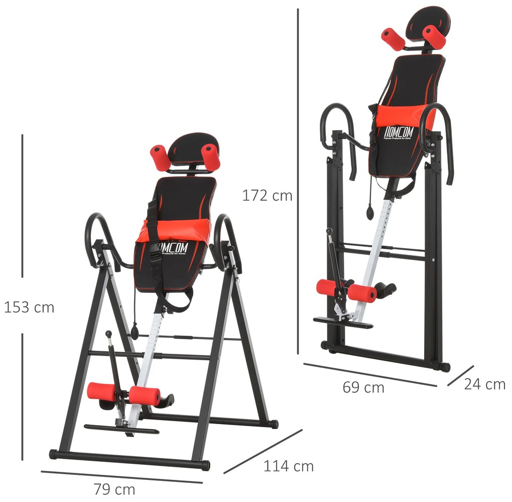 HOMCOM Bancă de Inversie cu Înălțime Reglabilă și Tetieră, Bancă Inversă din Oțel și Plastic, 79x114x153 cm, Negru | Aosom Romania