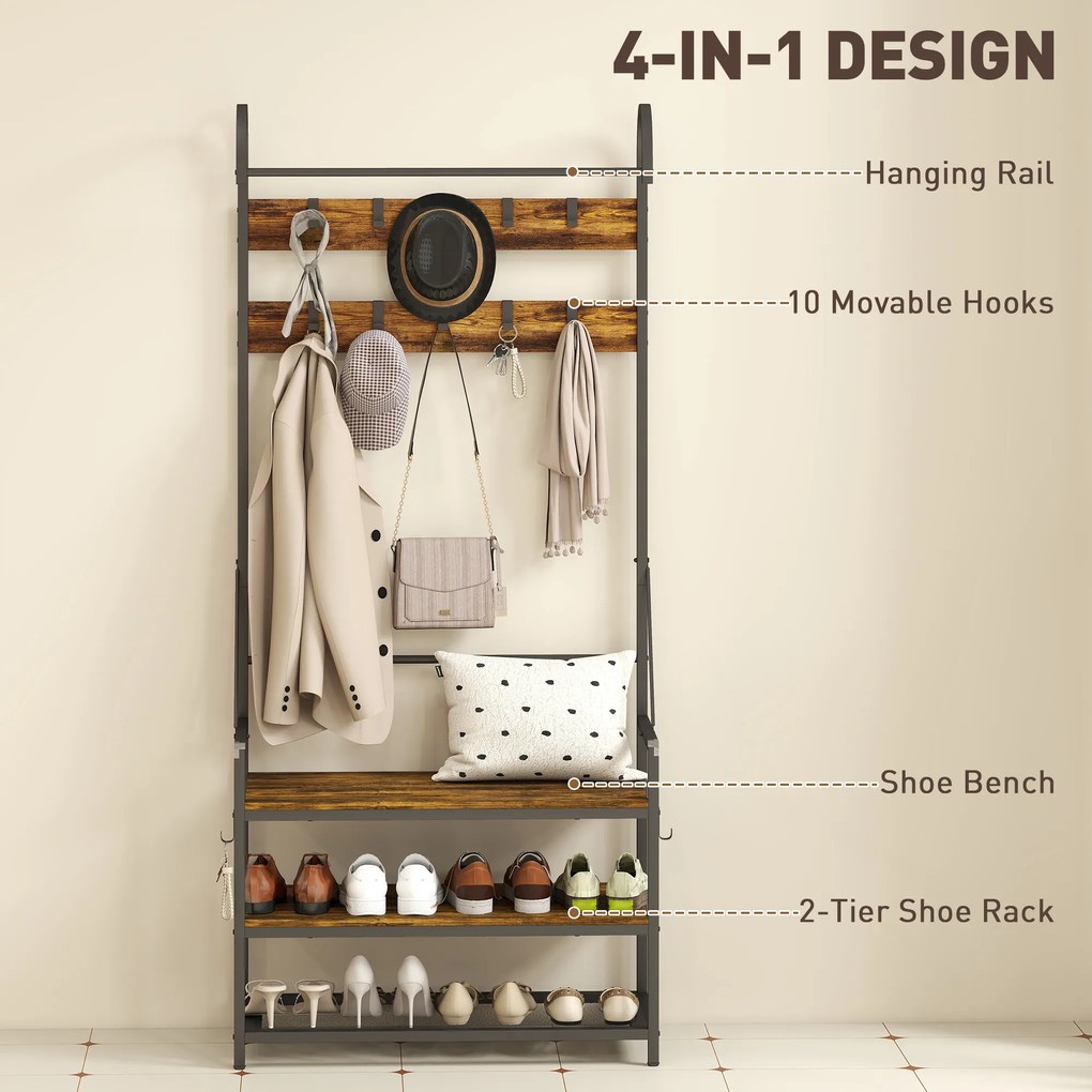 HOMCOM Suport de Haine de Intrare cu Bară, 10 Cârlige Mobile, Bancă și Raft pentru Încălțăminte, Mobilier în Pal și Metal, Design Industrial, 80x40x182 cm, Maro și Negru | Aosom Romania