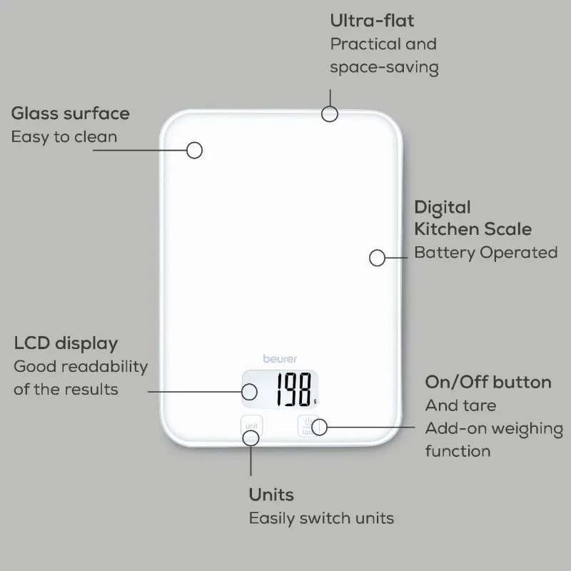 Cântar de bucătărie Beurer KS 19 Pure White, până la 5 kg, funcție TARE, comandă tactilă, ecran LCD, sticlă, ultra-subțire, roșu