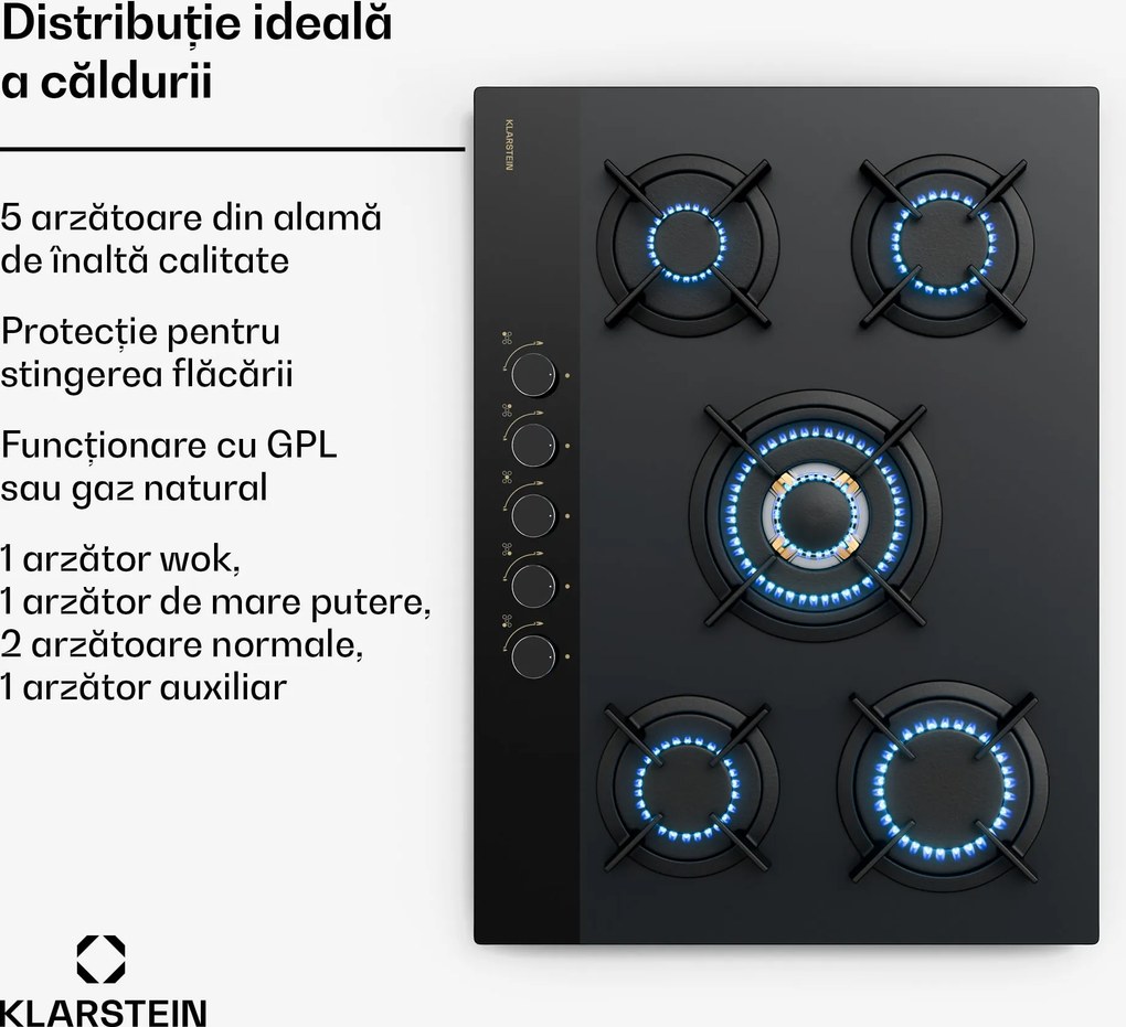 Klarstein Goldflame Nano plită pe gaz, 5 arzătoare din alamă, Strat Nano, GPL/gaz natural