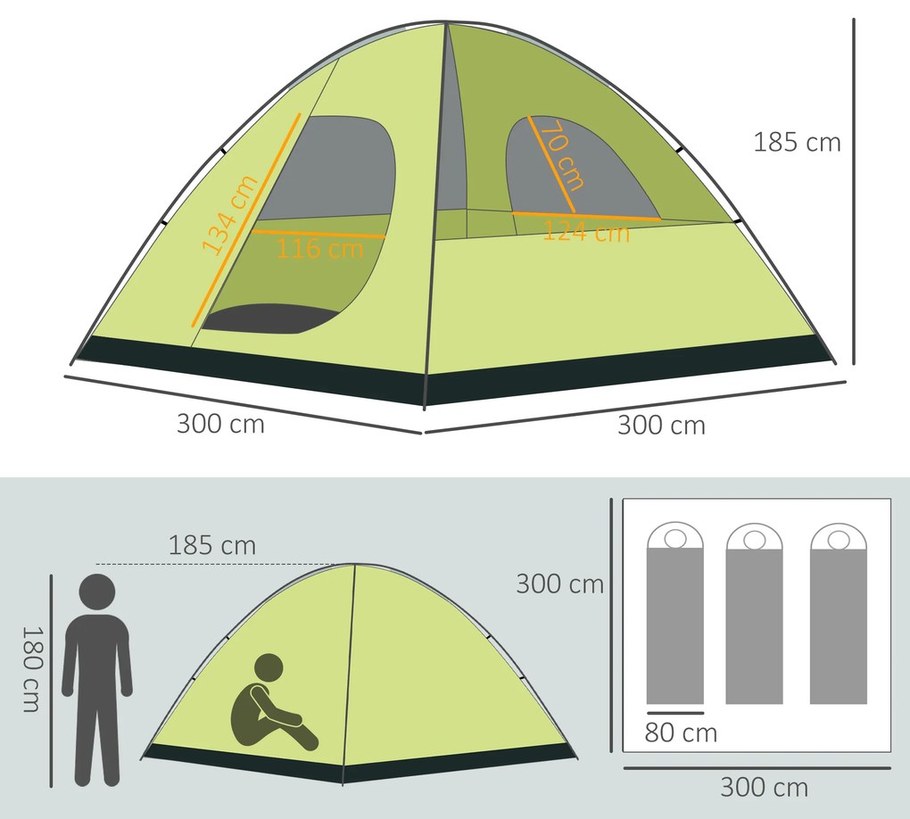 Outsunny Cort de Camping pentru 3-4 Persoane, Cort Impermeabil și Rezistent la UV, 3x3x1.8m, Galben și Gri | Aosom Romania