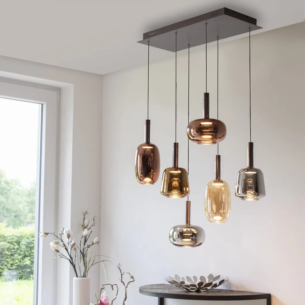 Lustra cu 6 pendule LED, inaltime reglabila, sticla, multicolor, IRIDES
