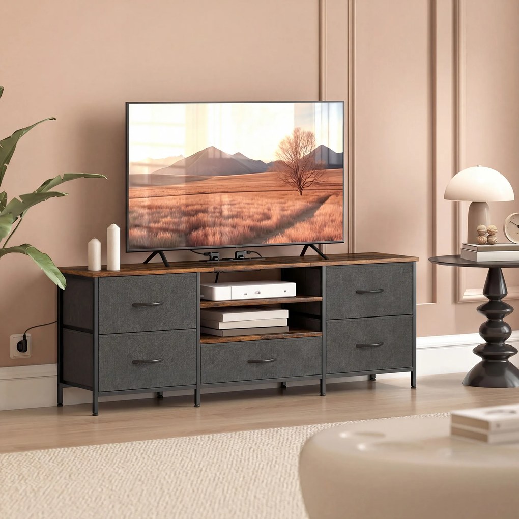 HOMCOM Comodă TV 140 cm, suport TV 165,1 cm, stație de încărcare, 5 sertare din material textil, rafturi deschise, 140x30x50cm, maro | Aosom Romania