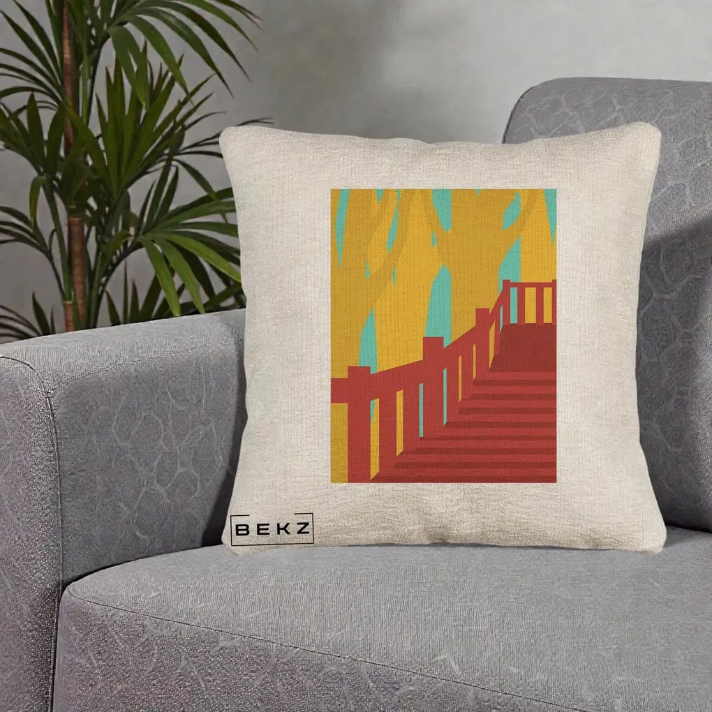 Perna Decorativa Scari Toamna Peisaj Grafic, 40x40 cm, Bej Canapea, Husa Detasabila, Perna Inclusa, BEKZ®