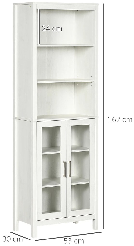 kleankin Colțar de Baie cu 2 Uși de Sticlă și 3 Rafturi Mobilier Auxiliar de Stil Modern 53x30x162 cm Alb | Aosom Romania