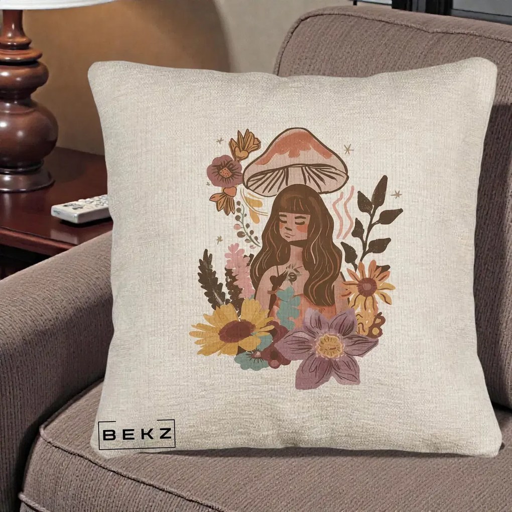 Perna Decorativa Fata Ciuperca Boho Florala, 40x40 cm, Bej Canapea, Husa Detasabila, Perna Inclusa, BEKZ®