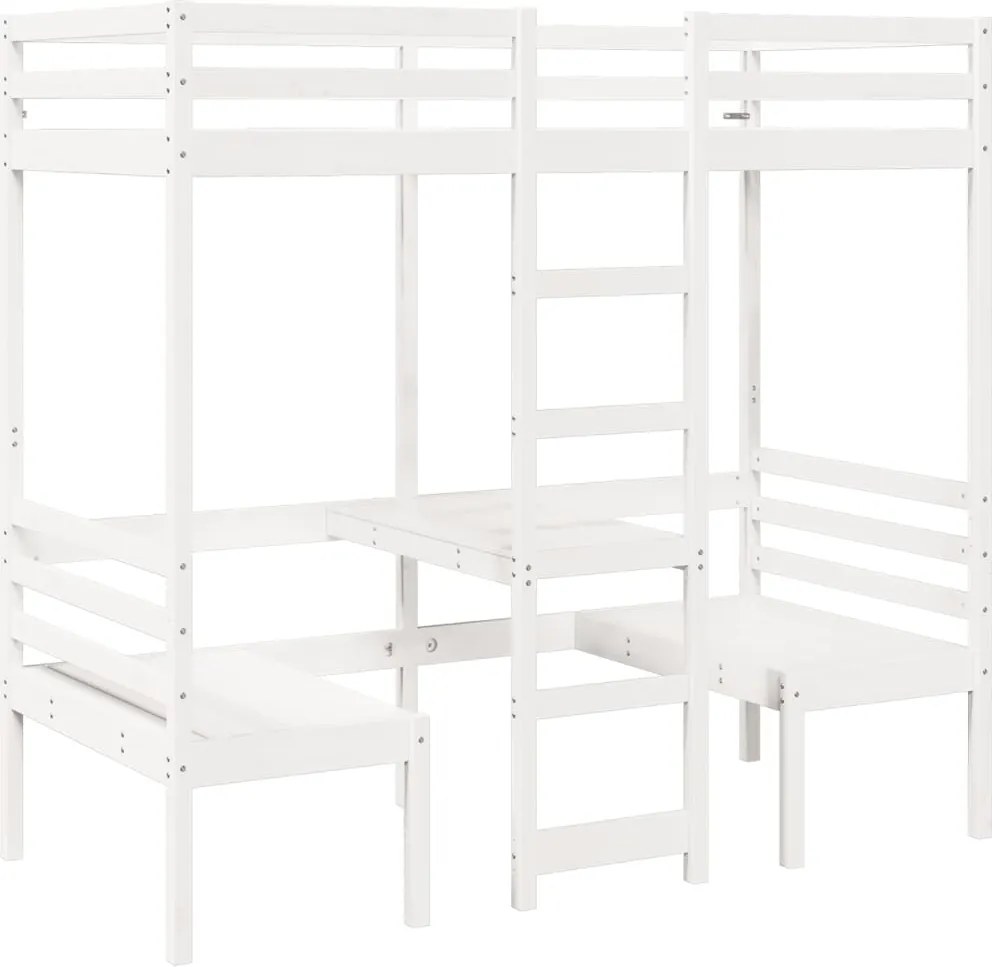 vidaXL Cadru pat etajat, birou/scaune, alb, 75x190 cm, lemn masiv pin