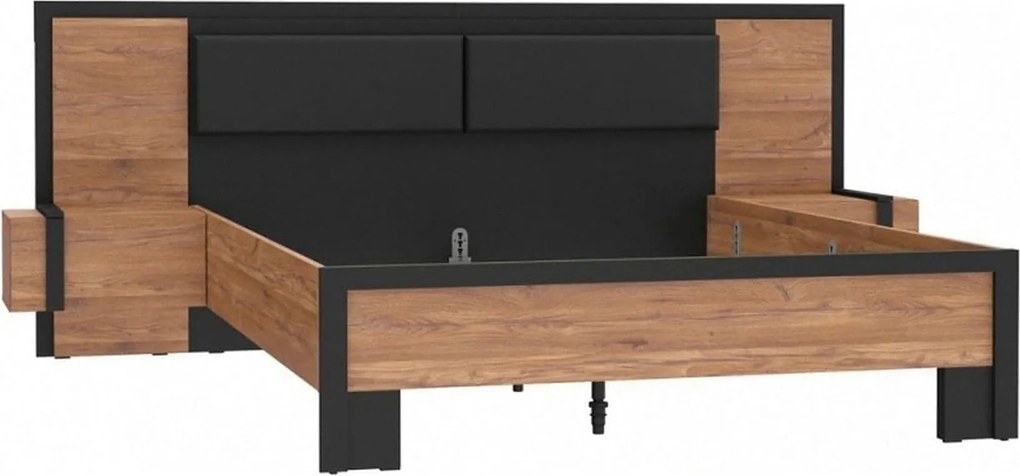 Cadru pat Acazio 160x200, stejar inchis/negru, PAL/metal, cu noptiere