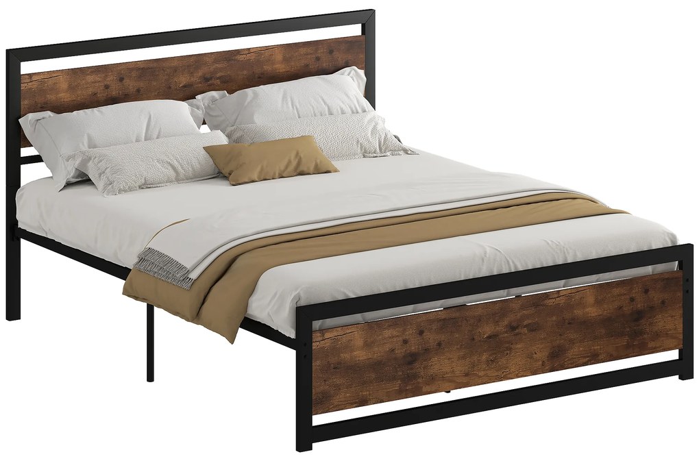 HOMCOM Cadru Pat Matrimonial din Lemn si Otel 160x200cm, Sipci Integrate si Tetiera in Stil Industrial, Negru Maro Rustic