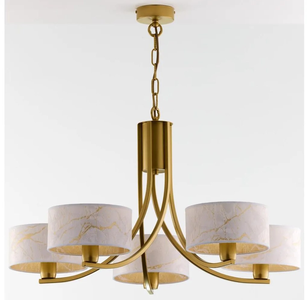 Jupiter 2097 - Candelabru suspendat pe lanț ARTHUR 5xE27/15W/230V alb/auriu/decor marmură