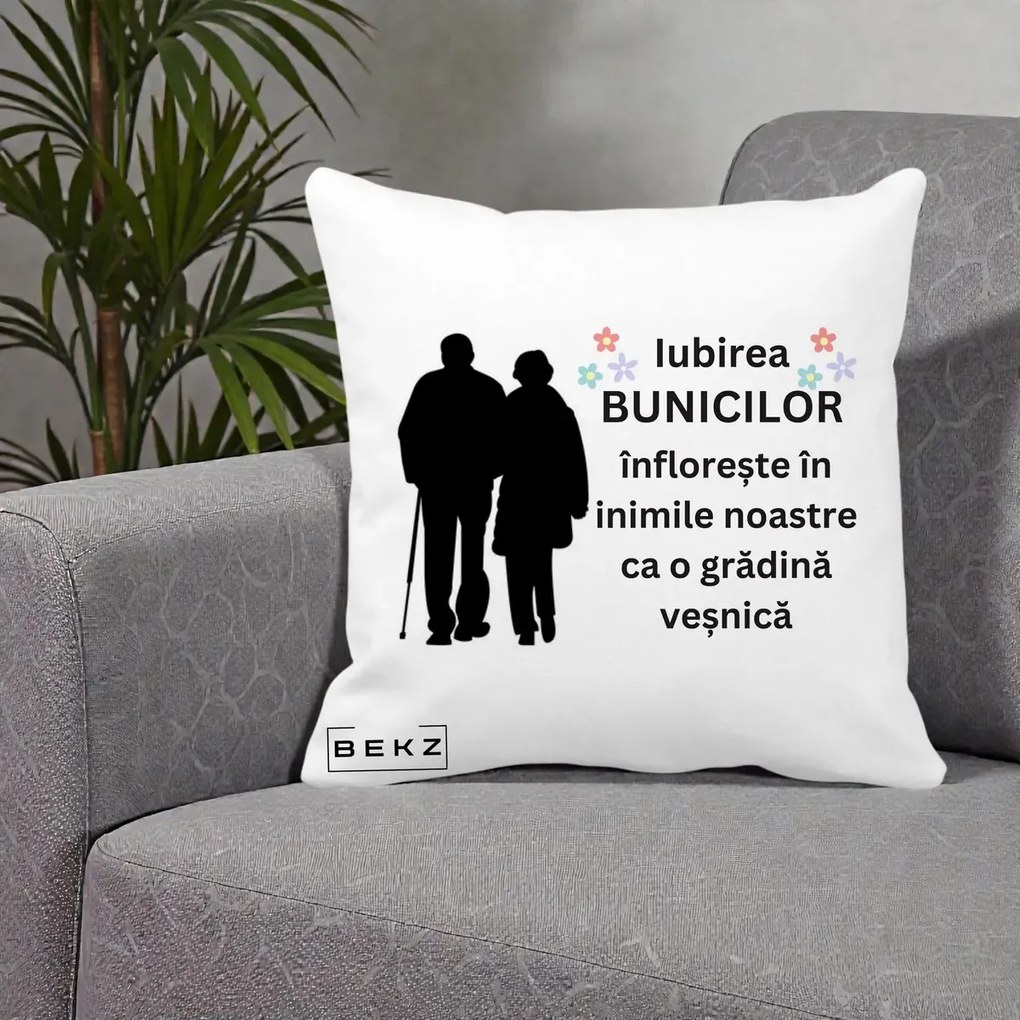 Cadou pentru Bunici - Perna Personalizata Bunicii Iubirea Infloreste Silueta Neagra Flori, 40x40 cm, Alba Mata, Husa Detasabila, Perna Inclusa, BEKZ®