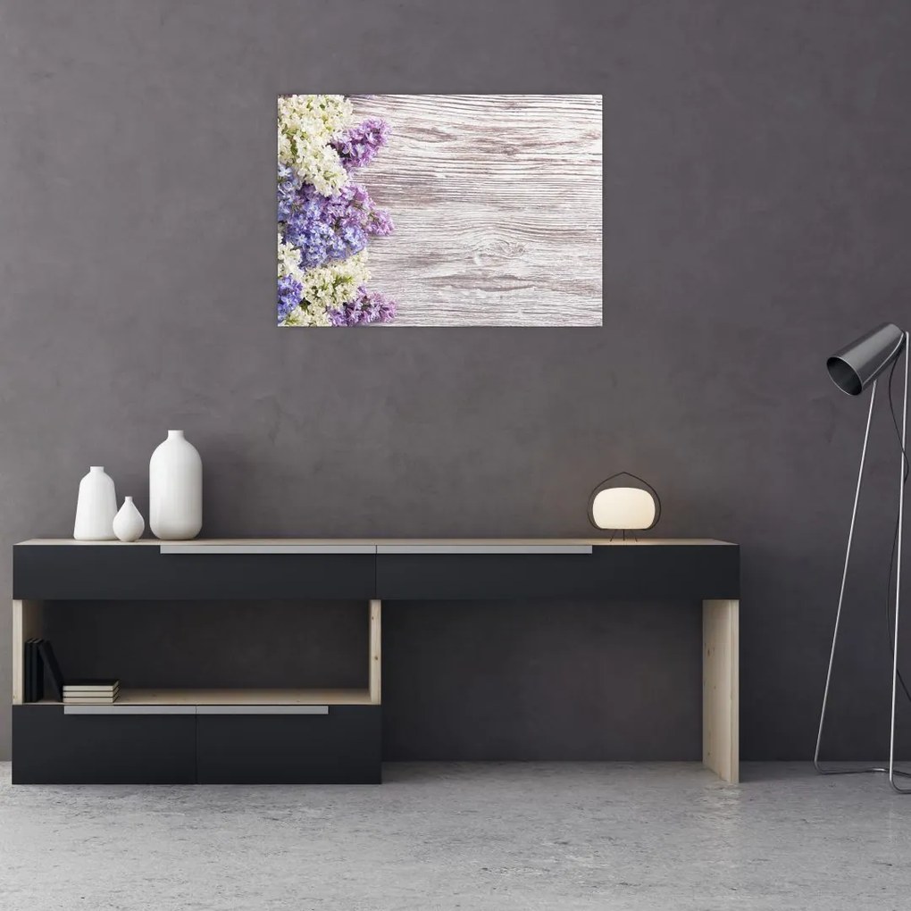 Tablou pe sticlă - Liliac pe lemn (70x50 cm)