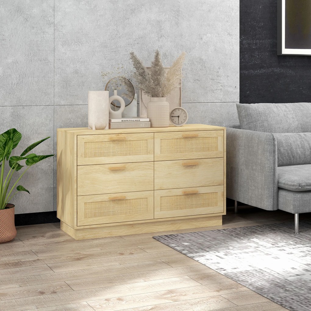 HOMCOM cu 6 sertare în stil Boho pentru dormitor și hol, din lemn și rattan, 110x40x69 cm, Stejar | Aosom Romania