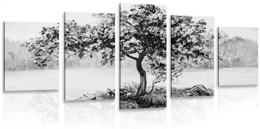 Tablou 5-piese cireș oriental în design alb-negru