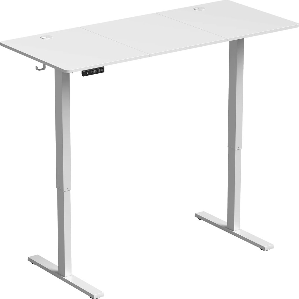 HOMCOM Birou Reglabil pe Înălțime cu 3 Memorii, Display LED, Cârlige, Plăci Aglomerate din Lemn, 140x60x72-118 cm, Alb | Aosom Romania