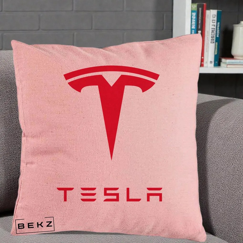 Perna Personalizata cu emblema Tesla, 40x40 cm, Roz, Husa Detasabila, Perna Inclusa, BEKZ®