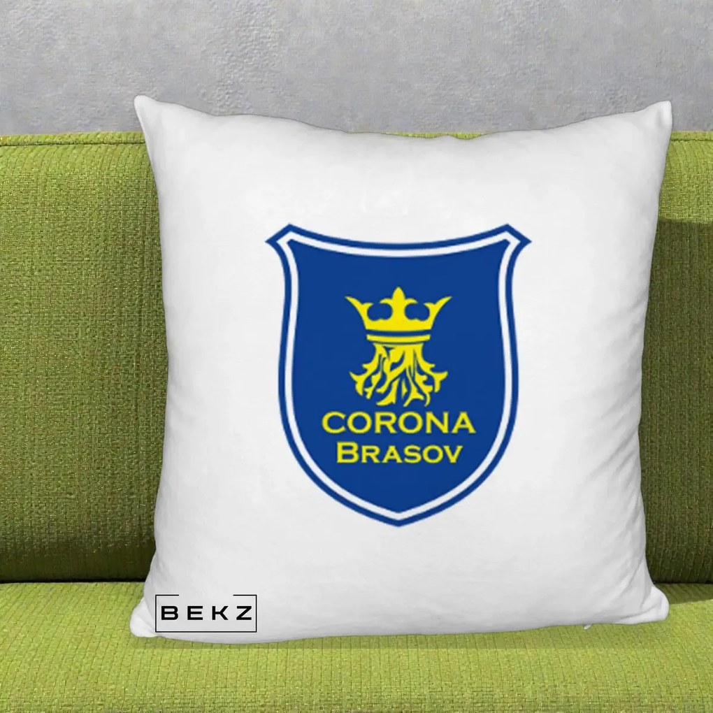 Perna Personalizata Corona Brasov Fotbal, 40x40 cm, Alb Pufos, Husa Detasabila, Perna Inclusa, BEKZ®