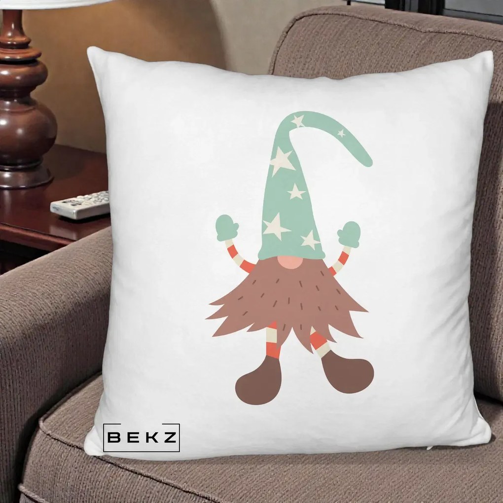 Perna Decorativa Pitic Gnom Nordic cu Cadou Menta, 40x40 cm, Alb Pufos, Husa Detasabila, Perna Inclusa, BEKZ®