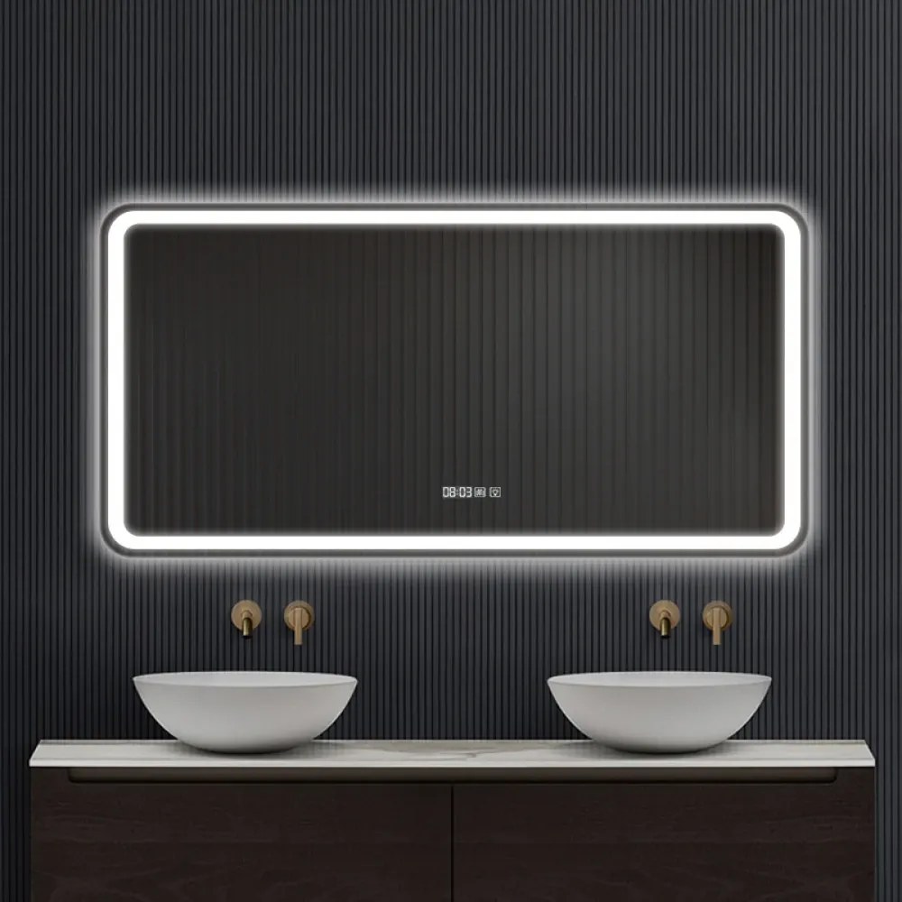 Oglindă baie, Multifuncțională, Iluminare LED Touch, Sistem Dezaburire, Ceas electronic încorporat, Indicator Temperatura, 120x60 cm