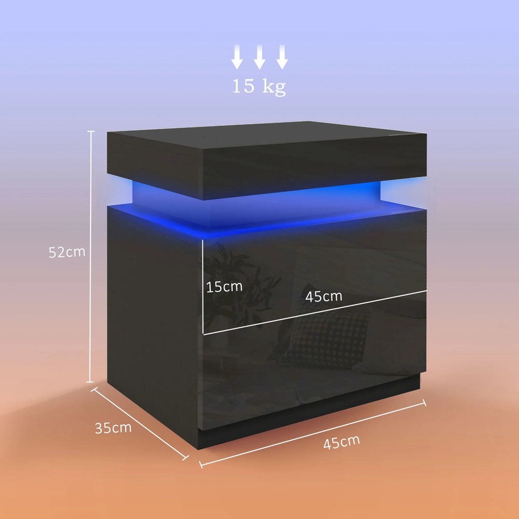 HOMCOM Masă de noapte neagră cu lumină LED, Front lucios cu 2 sertare, pentru Sufragerie, Dormitor | Aosom Romania