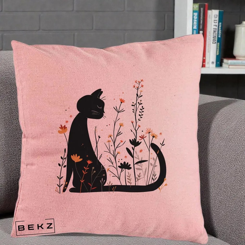 Perna Decorativa Pisica Neagra Flori Portocalii Silueta, 40x40 cm, Roz, Husa Detasabila, Perna Inclusa, BEKZ®