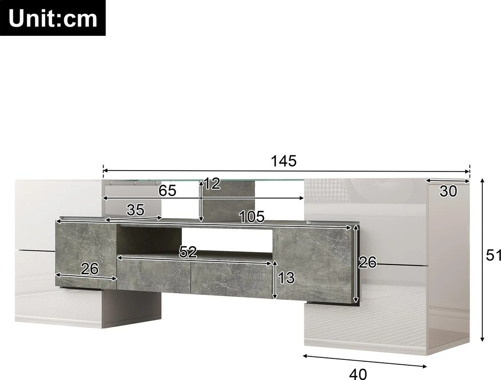 Dulap TV cu iluminare LED, suprafețe din sticlă, cu 6 uși, 2 sertare și 3 compartimente, 145x30x51 cm, Alb+Gri