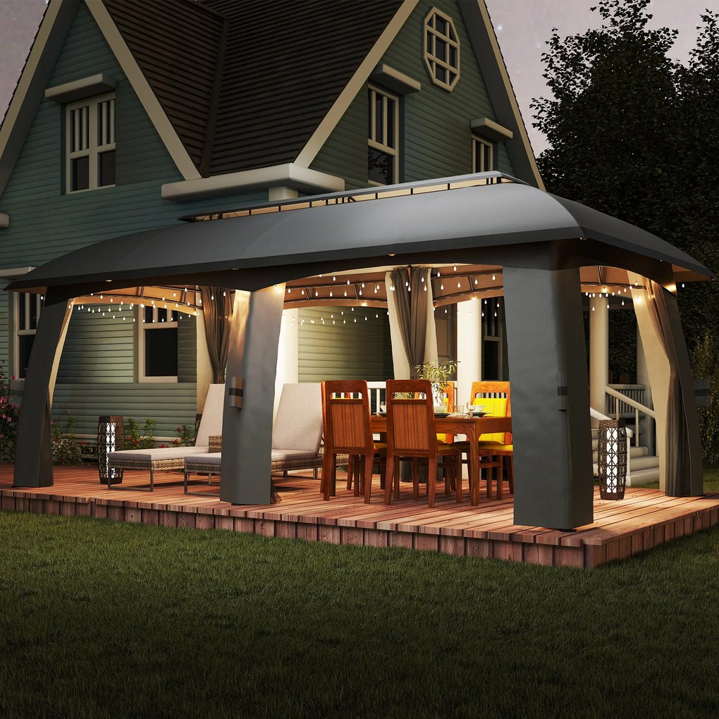 Outsunny Pavilion, Cort de petreceri, cu plase anti-insecte, plafon rezistent la vânt, pentru până la 15 persoane, gri închis, 3 x 6 x 3 m | Aosom Romania