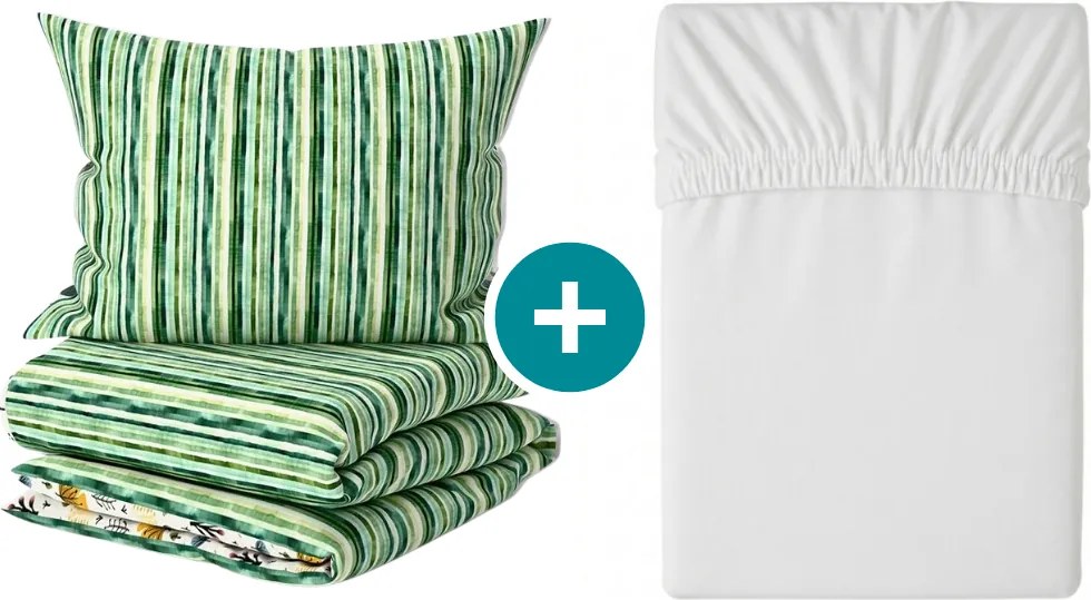 Set Lenjerie de pat din crepon TREEVELLA POLY verde + Cearsaf Jersey 180 x 200 cm alb, pat dublu