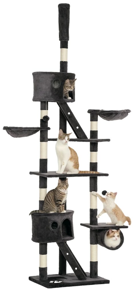 PawHut Copac de Cățărat Mare de la Podea la Tavan cu Locuri de Joacă și Odihnit, Gri închis | Aosom Romania