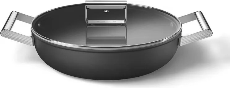 Oală joasă cu capac Smeg DPF2812BLM, 28 cm, 4,3 l, acoperire ceramică antiaderentă, potrivită pentru cuptor până la 250 °C, fără PFAS, compatibilă cu plitele cu inducție, negru