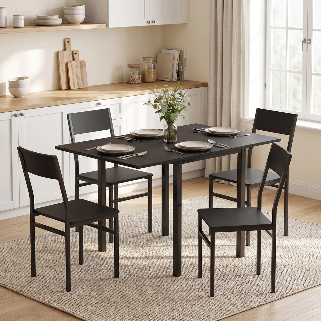 HOMCOM Set Masă și Scaune Dining 5 Piese Extensibil cu MDF și Metal, 80-120 cm, 4 Scaune Stivuibile, Negru | Aosom Romania