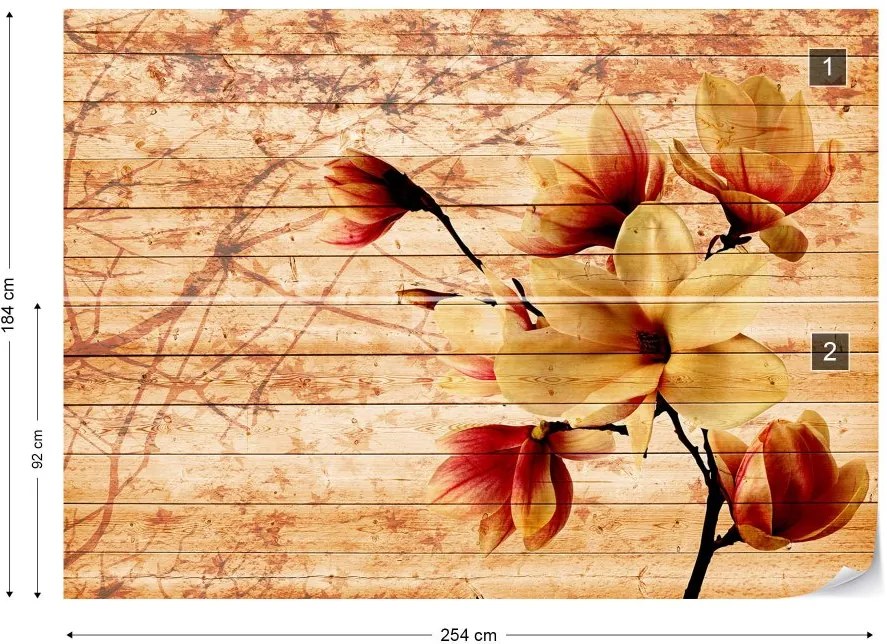 GLIX Fototapet - Magnolia Flowers Farmhouse Chic Vintage Wood Plank Texture Orange Vliesová tapeta  - 254x184 cm