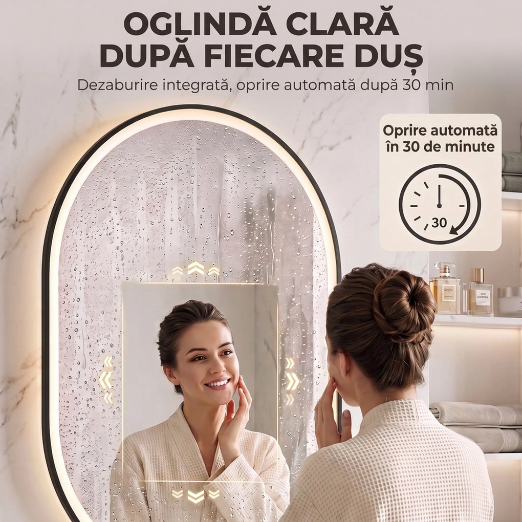 HOMCOM Oglindă de Baie Ovală cu LED 70x100 cm, Bluetooth, Memorie, Butoane Tactile, Antiaburire | Aosom Romania