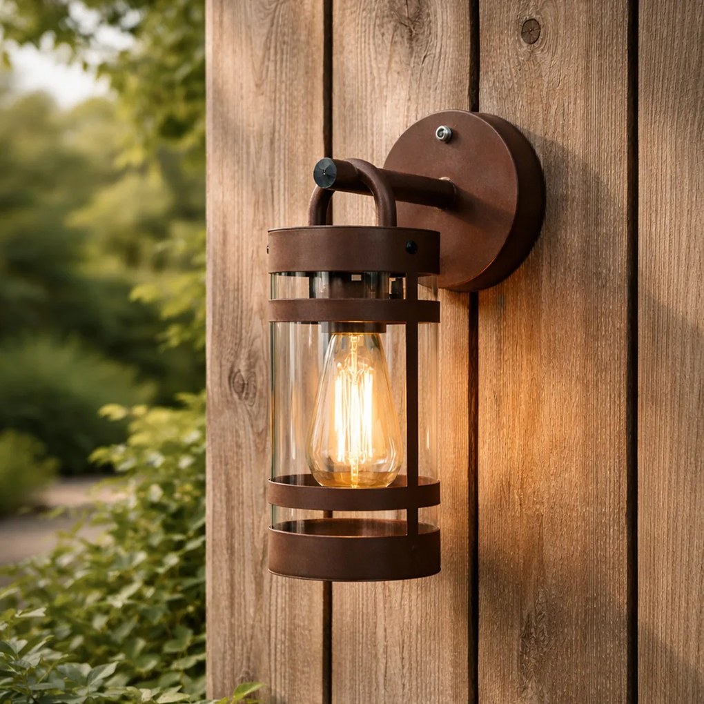 Aplică de perete exterioară maro ruginiu IP44 cu senzor crepuscular - Ruben