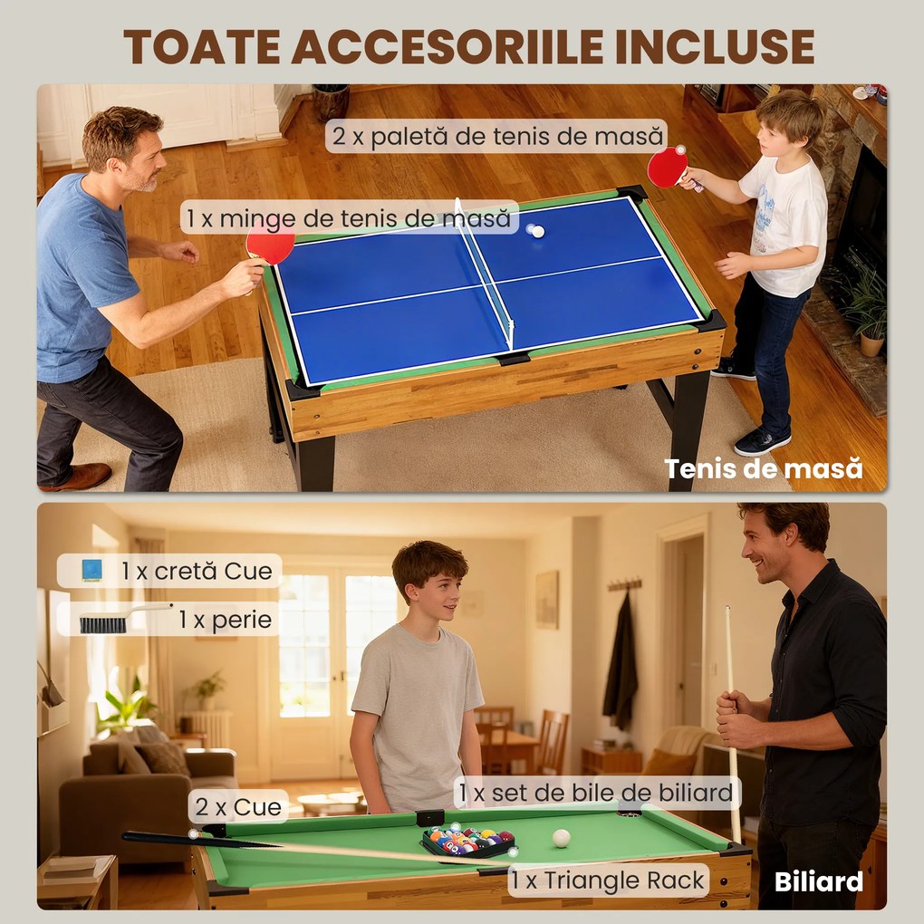 SPORTNOW Masă de Jocuri 13 în 1 cu Fotbal de Masă, Ping Pong, Air Hockey, Biliard, Șah și Altele, Culoare Nuc | Aosom Romania