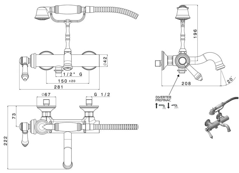 Baterie în culoarea bronzului pentru cadă cu montare pe perete (2 ieșiri) Vienna – Sapho