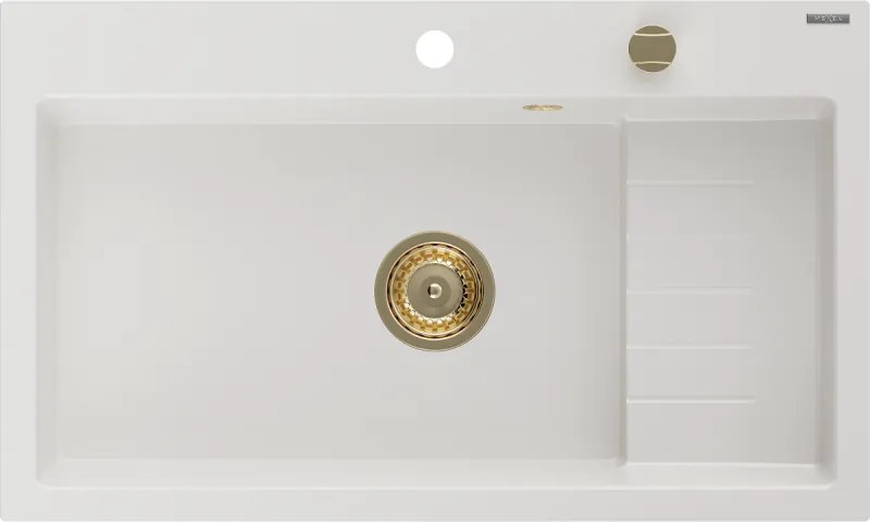 Mexen Omar chiuvetă de granit cu 1 compartiment 800 x 480 mm, alb, sifon auriu - 6520801005-20-G