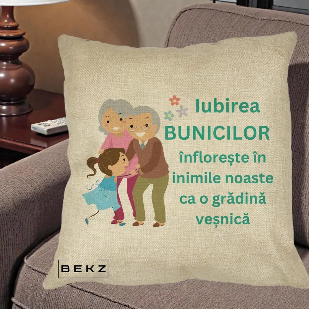 Cadou pentru Bunici - Perna Personalizata Bunicii Iubirea Infloreste cu Nepoata Teal, 40x40 cm, Crem, Husa Detasabila, Perna Inclusa, BEKZ®