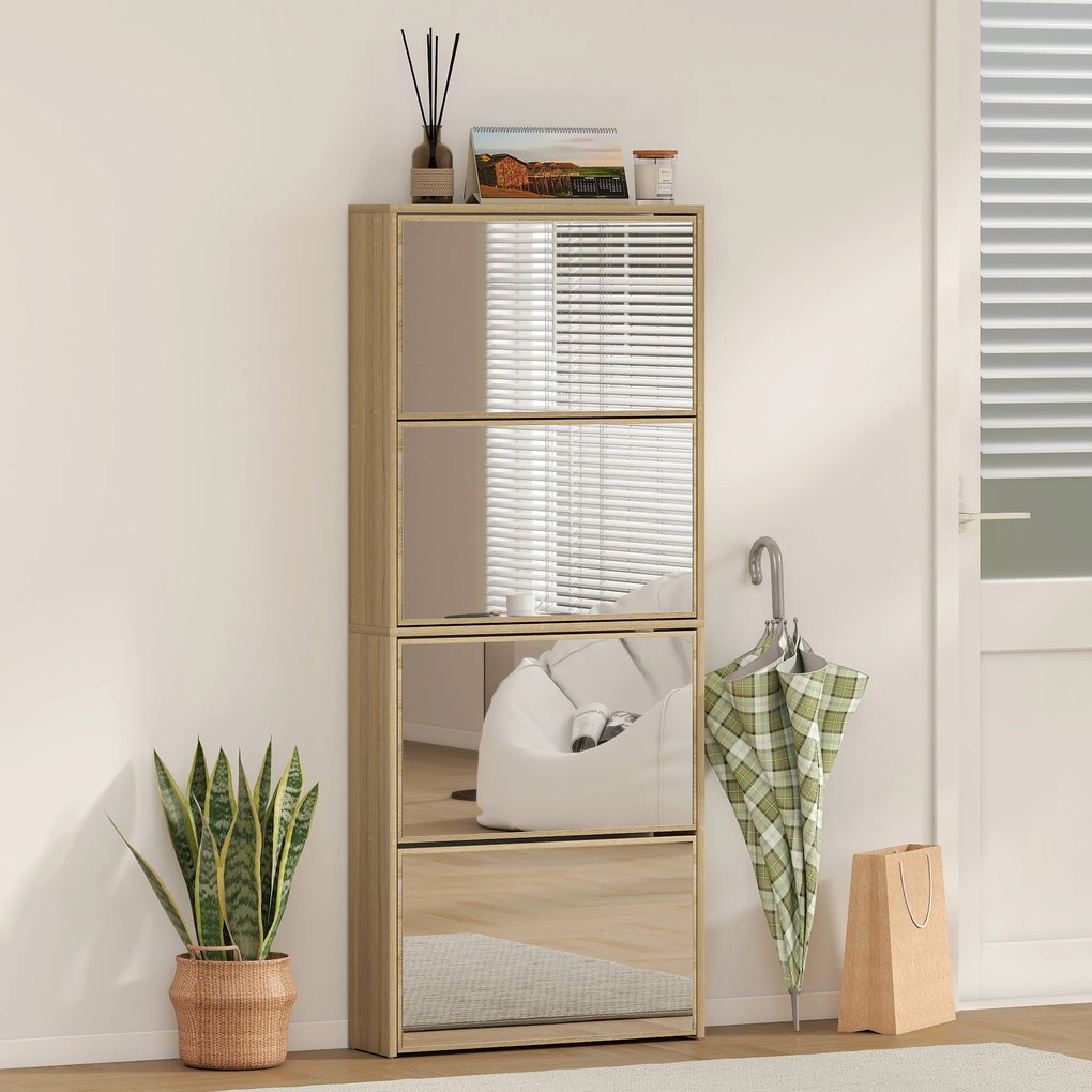 HOMCOM Dulap pentru Încălțăminte Slim cu 4 Uși și Oglindă 63x17x146 cm Culoare Lemn | Aosom Romania